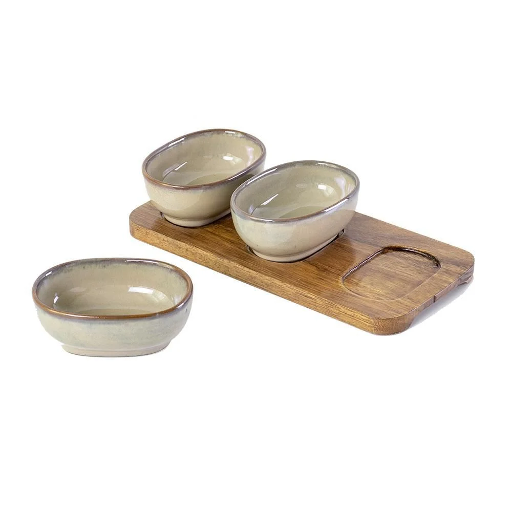 PETISQUEIRA C/ 3 MINI BOWLS E BASE DE MADEIRA